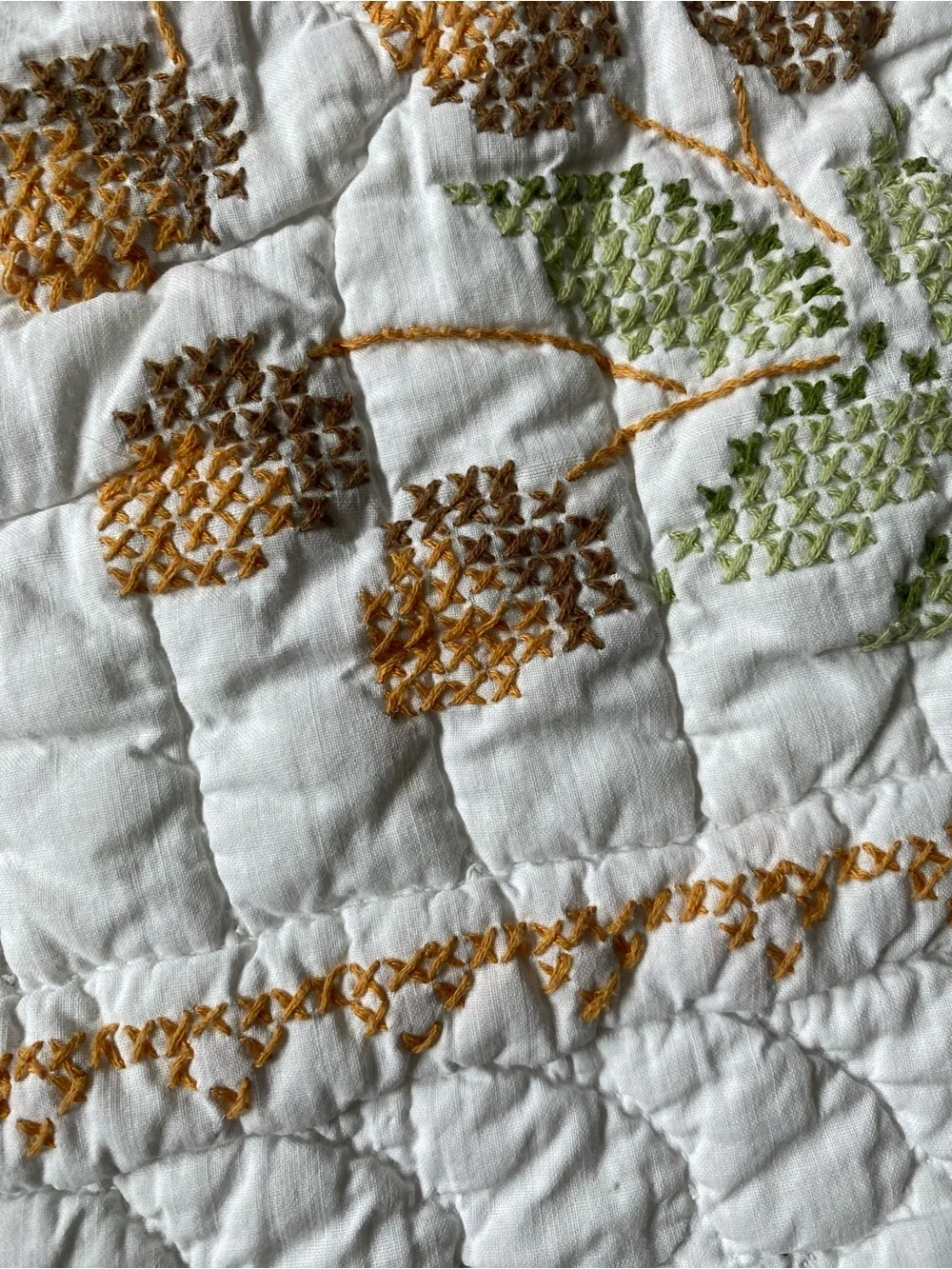 Hand-Quilted Floral Vine Quilt in Cream and Green Vintage 1960s